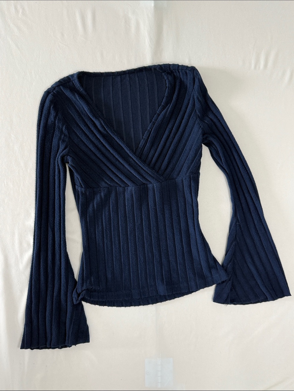 SHEIN Navy Ribbed Wrap V-Neck Long Sleeve Top Sz XS
